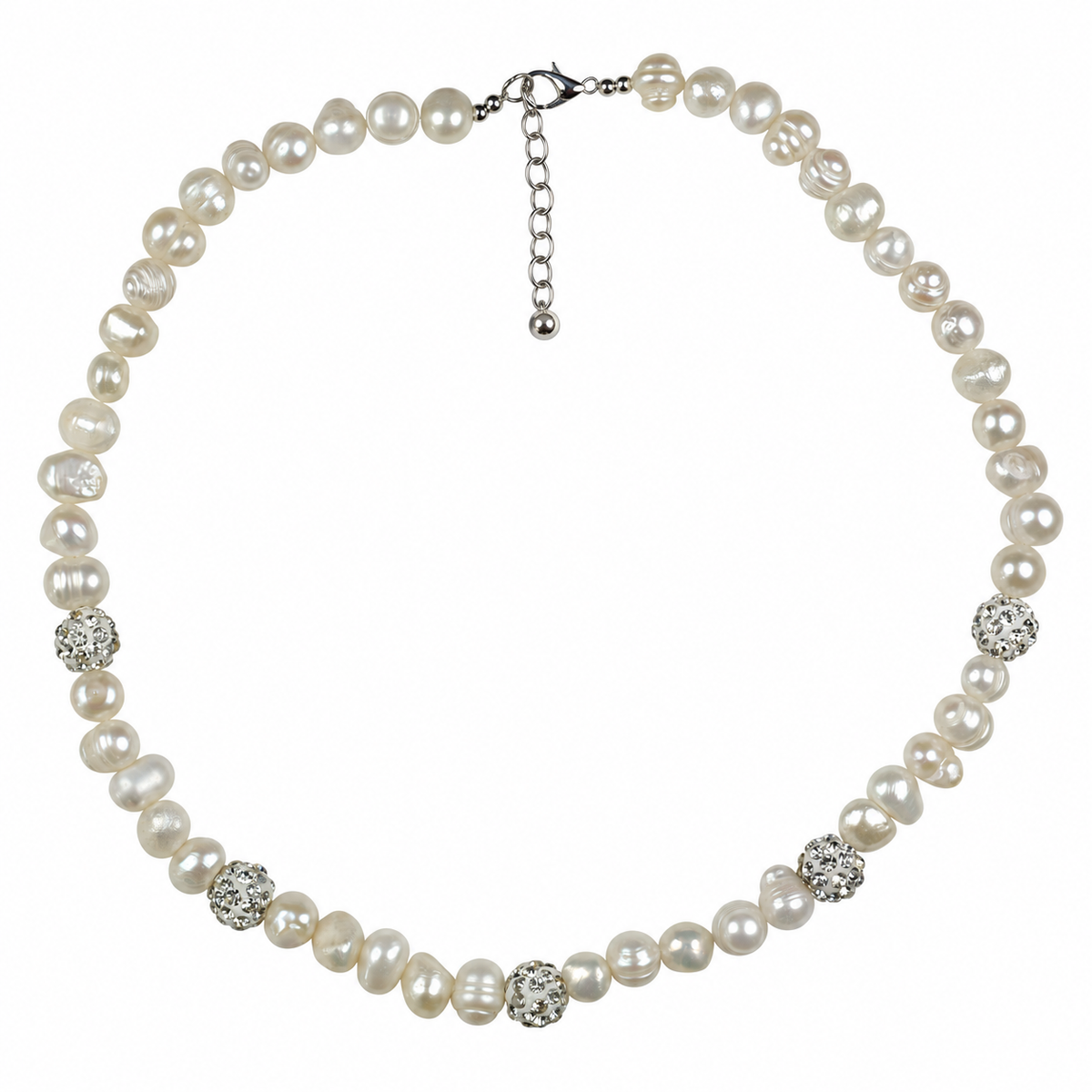 Zoetwater parelketting met witte parels, stras steentjes en sterling zilver (925) met verlengketting | Maxima