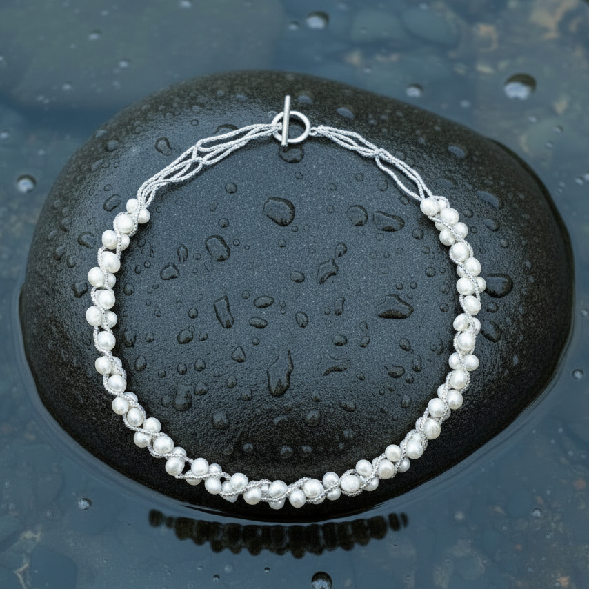 Witte zoetwater parelketting liggend op steen in water | Monica