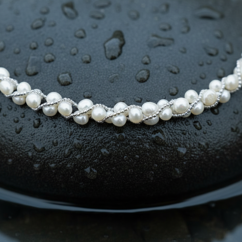 Witte zoetwater parelketting liggend op steen in water close up | Monica
