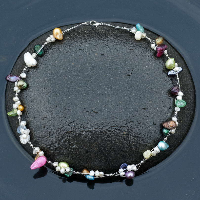 Zoetwater parelketting met vrolijk gekleurde parels en sterling zilver (925) liggend op steen in water | Olivia