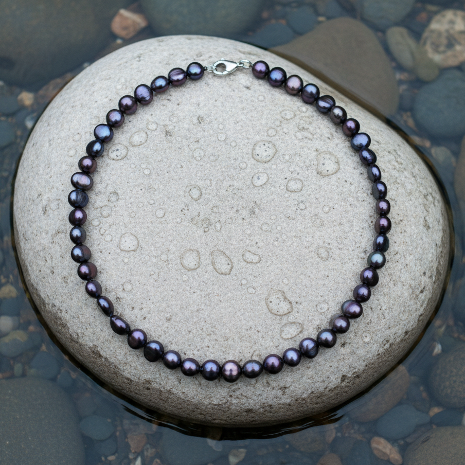 Blauw paarse zoetwater parelketting met gerhodineerd zilveren slotje liggend op steen in water | Pealca