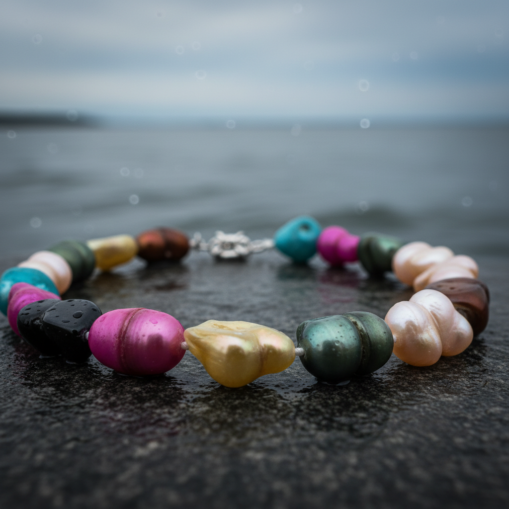 Handgeknoopte zoetwater parelketting met gekleurde parels liggend op steen close up | Pearl Peanut Color