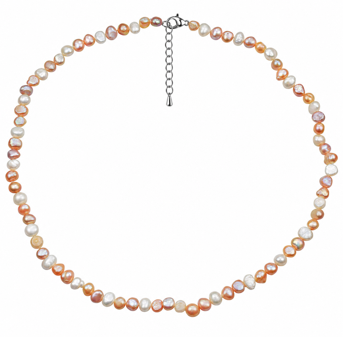 Handgeknoopte zoetwater parelketting met witte, zalm en roze parels en sterling zilver (925) met verlengketting | Pearl Soft Colors Small