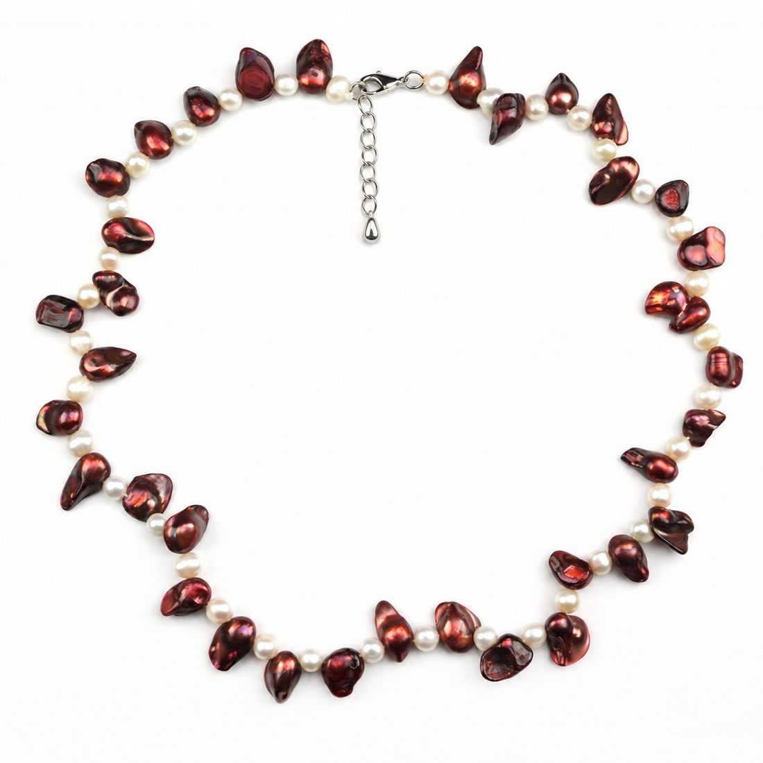 Zoetwater parelketting met witte en rood bruine parels en sterling zilveren slotje met verlengketting | Purple Lady