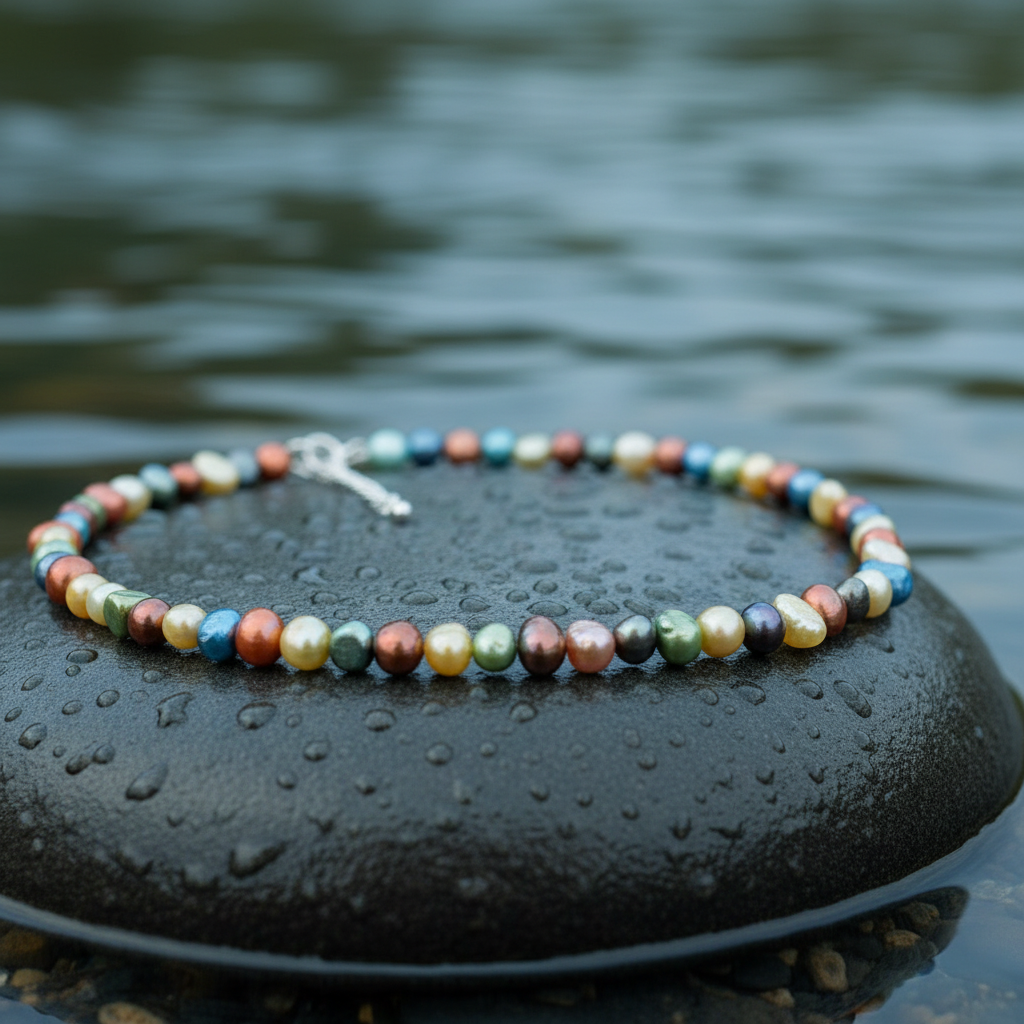 Zoetwater parelketting met vrolijk gekleurde parels en sterling zilver (925) liggend op steen in water close up | Rio Small