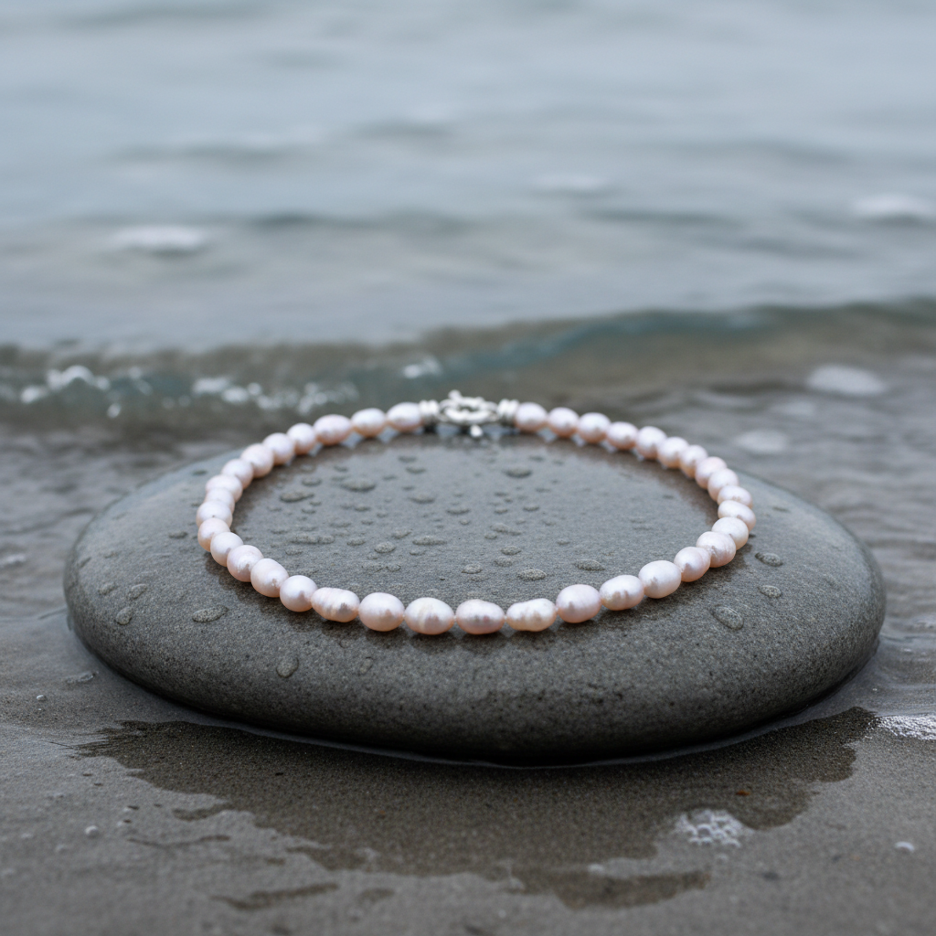 Handgeknoopte roze zoetwater parelketting liggend op steen | Rola