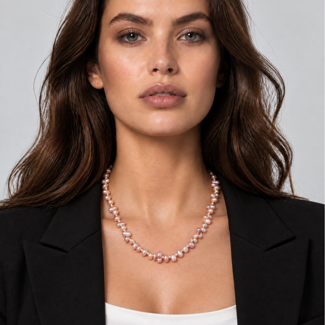 Zoetwater parelketting met zalm roze parels en sterling zilver (925) op model met colbert | Rozi