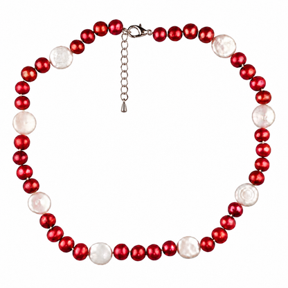 Handgeknoopt zoetwater parelketting met rode en witte parels | Ruby