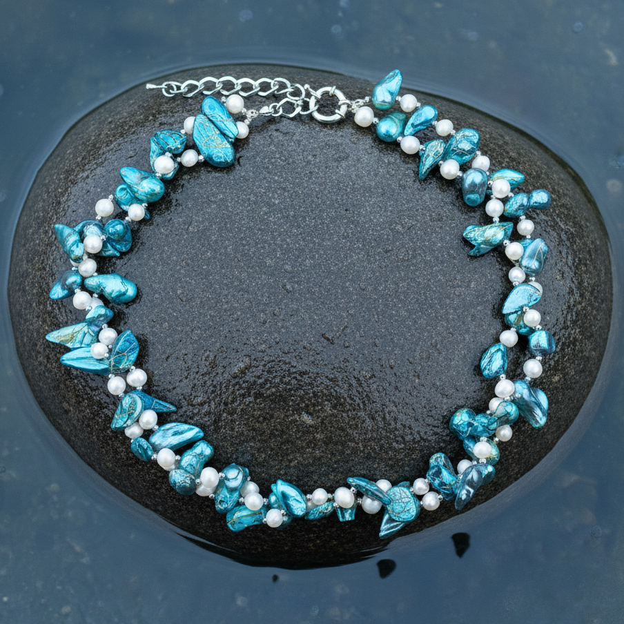 Wit blauwe zoetwater parelketting met sterling zilver (925) liggend op steen in water | Turtle Aqua
