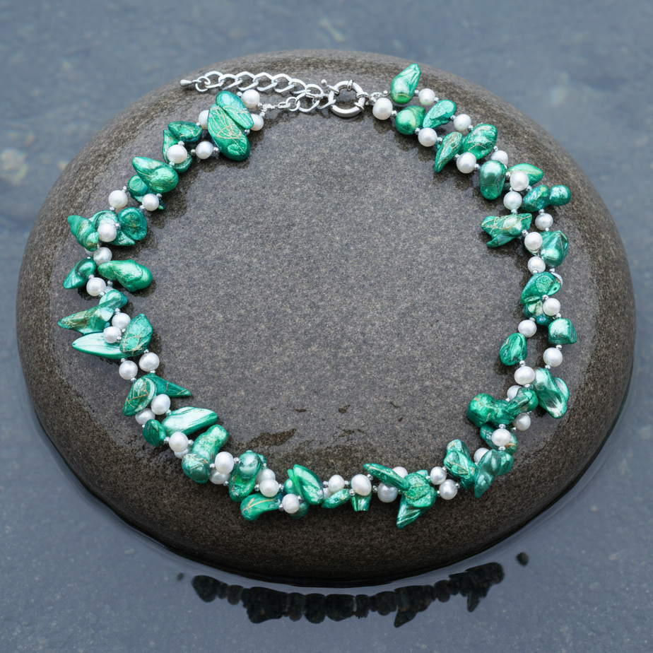 Zoetwater parelketting met witte en groen parels liggend op steen, sterling zilveren slotje  | Turtle Green