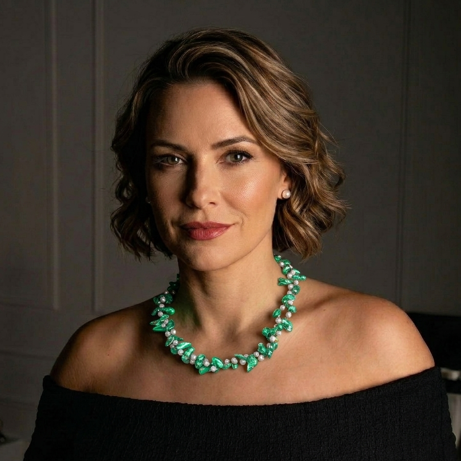 Zoetwater parelketting met witte en groen parels , sterling zilveren slotje op model | Turtle Green