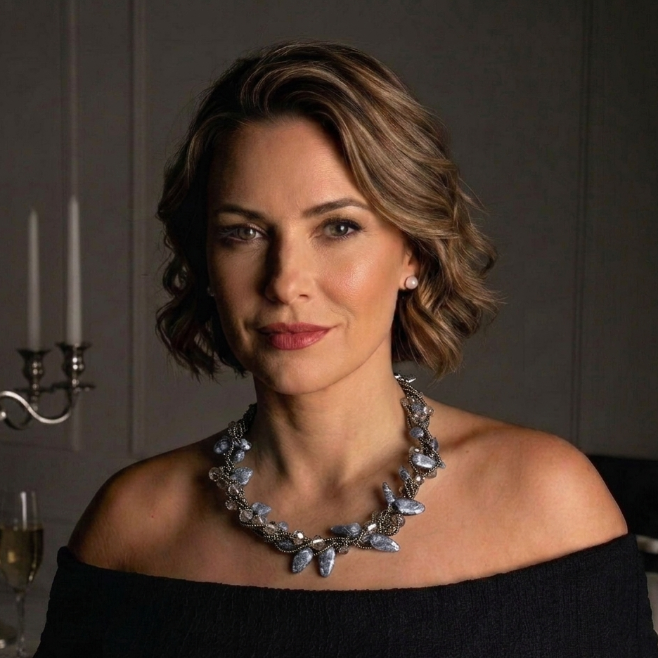 Zoetwater parelketting met blauw grijze parels in 5 rijen op model | Turtle Grey