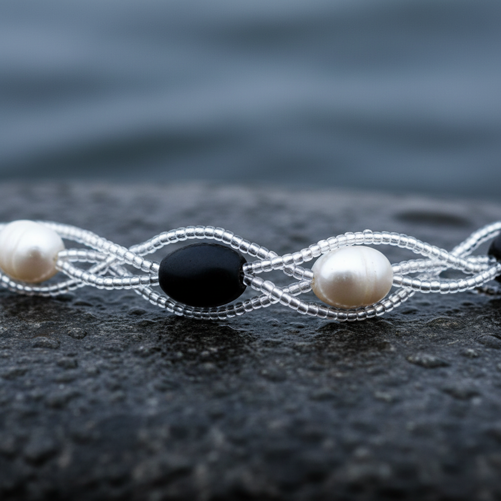 Zoetwater parelketting met witte parels en zwarte glaskralen liggend op steen close up | Twine Pearl Black Glass
