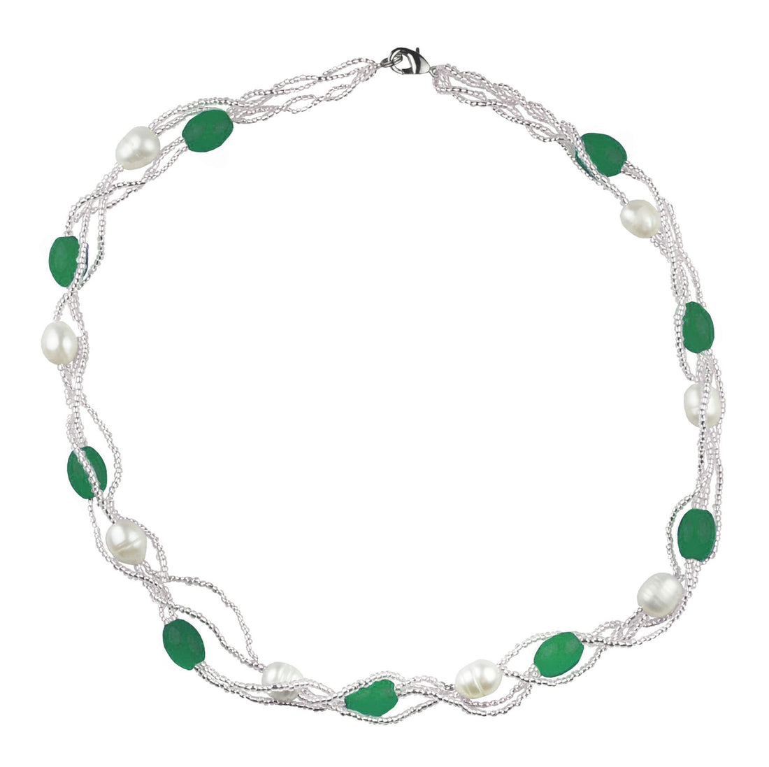 Witte zoetwater parelketting met groene kralen in 4 rijen | Twine Pearl Green Graass