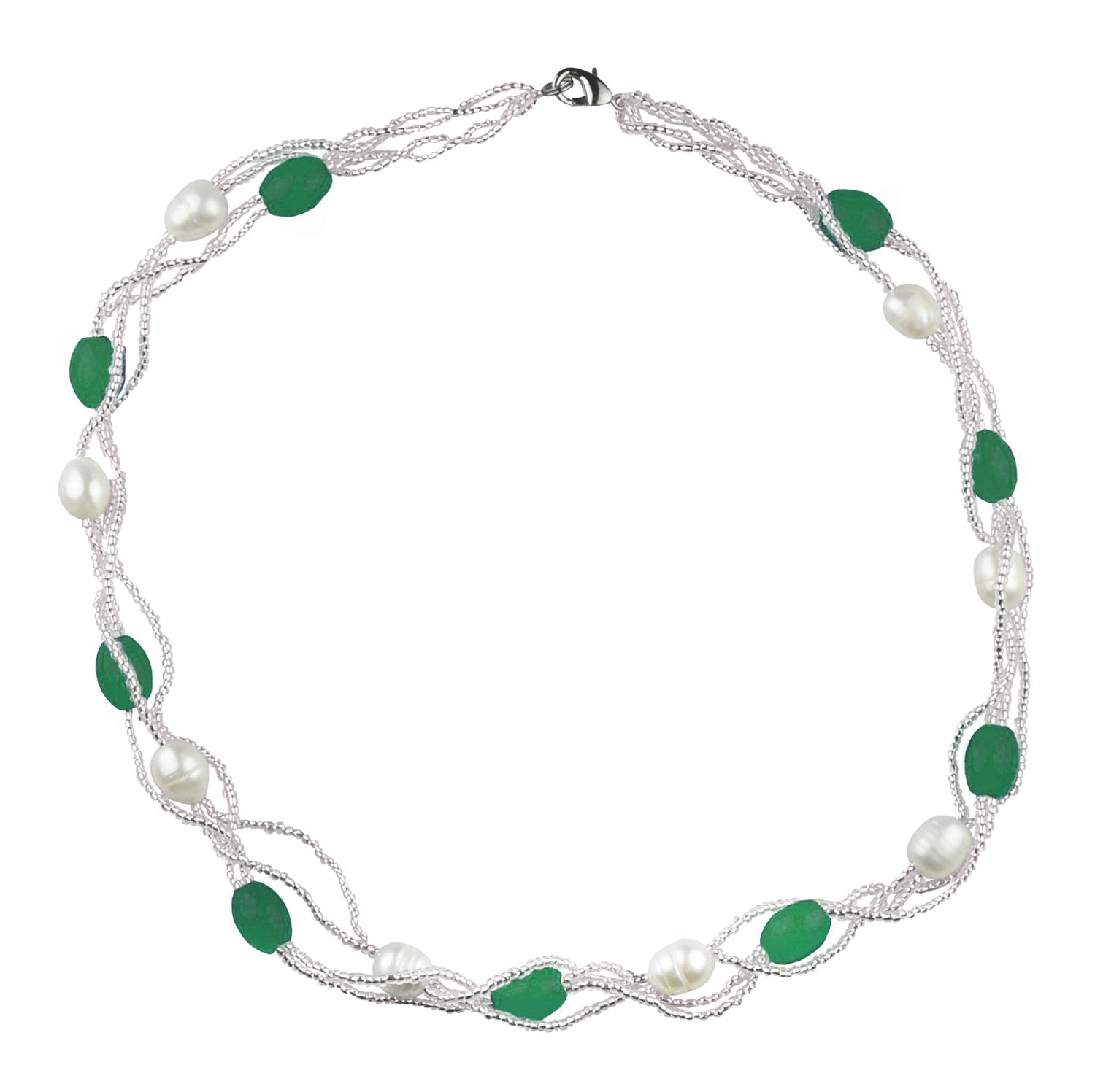 Witte zoetwater parelketting met groene kralen in 4 rijen | Twine Pearl Green Graass