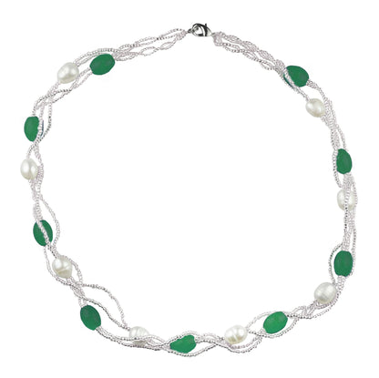 Witte zoetwater parelketting met groene kralen in 4 rijen | Twine Pearl Green Graass