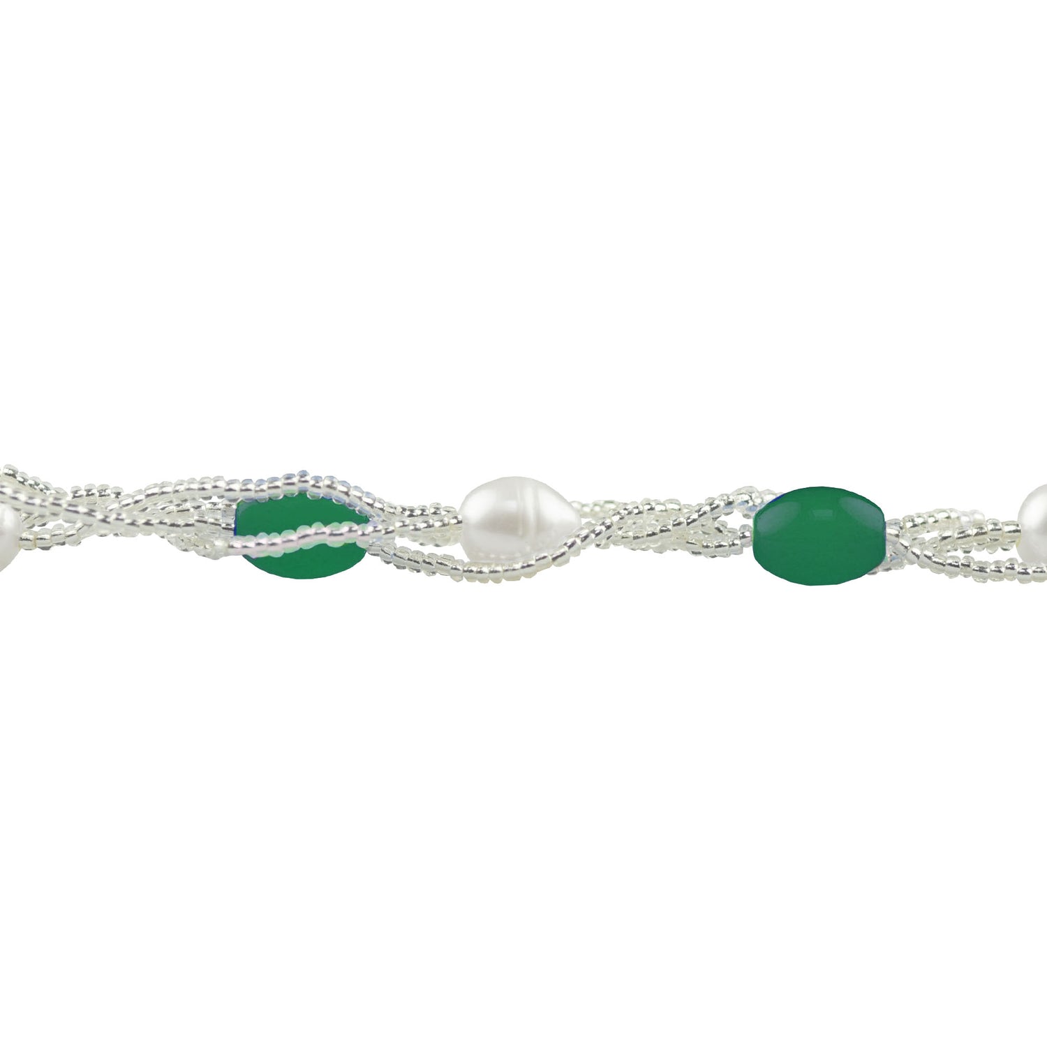 Witte zoetwater parelketting met groene kralen in 4 rijen detail | Twine Pearl Green Graass