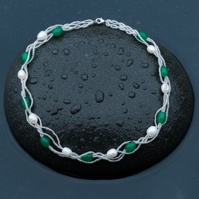 Witte zoetwater parelketting met groene kralen in 4 rijen liggend op steen in water | Twine Pearl Green Graass