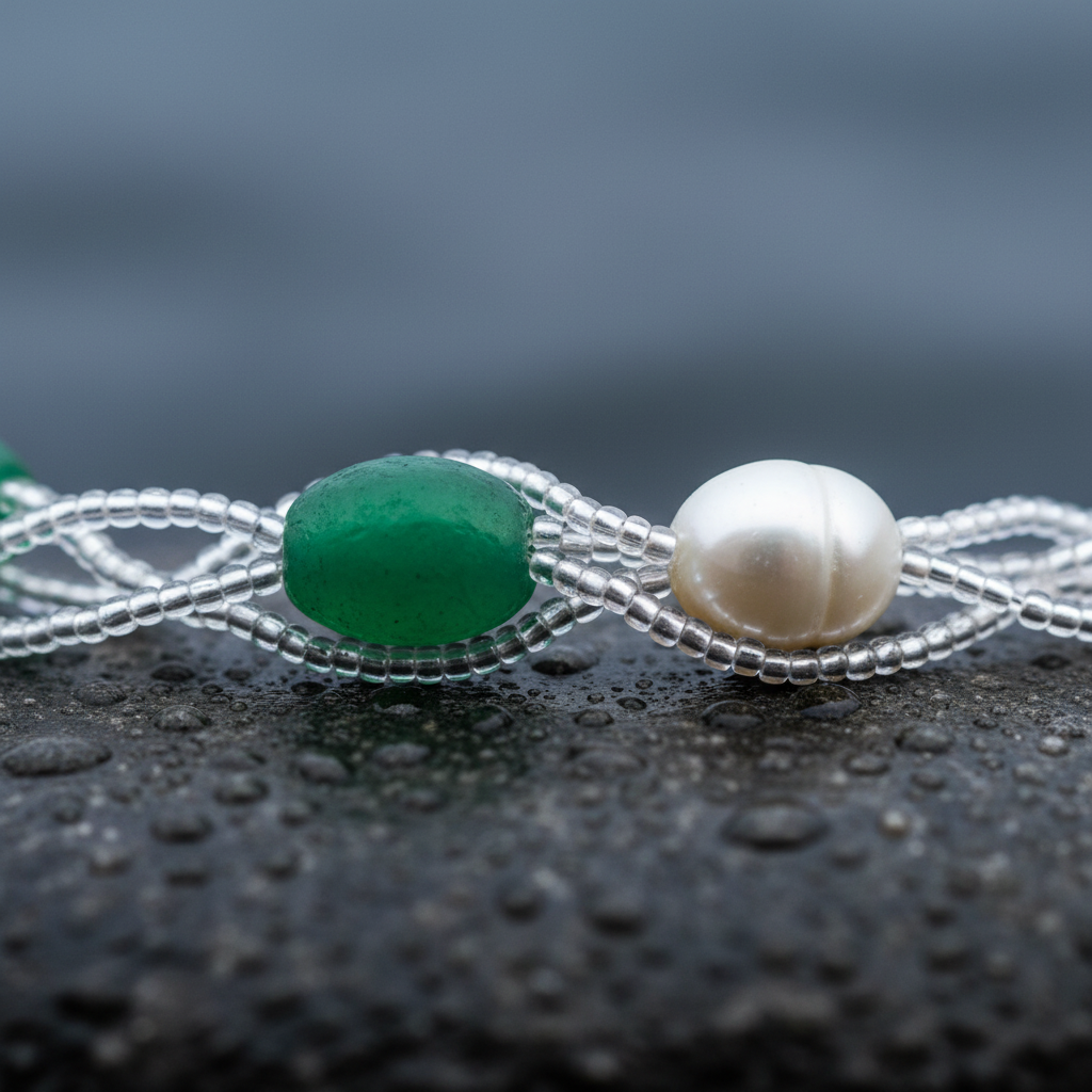 Witte zoetwater parelketting met groene kralen in 4 rijen liggend op steen in water close up | Twine Pearl Green Graass