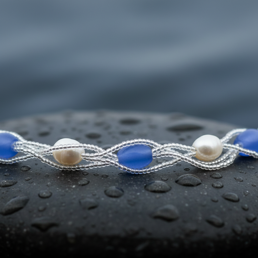Witte zoetwater parelketting met licht blauwe glaskralen liggend op steen in water close up | Twine Pearl Heaven Blue