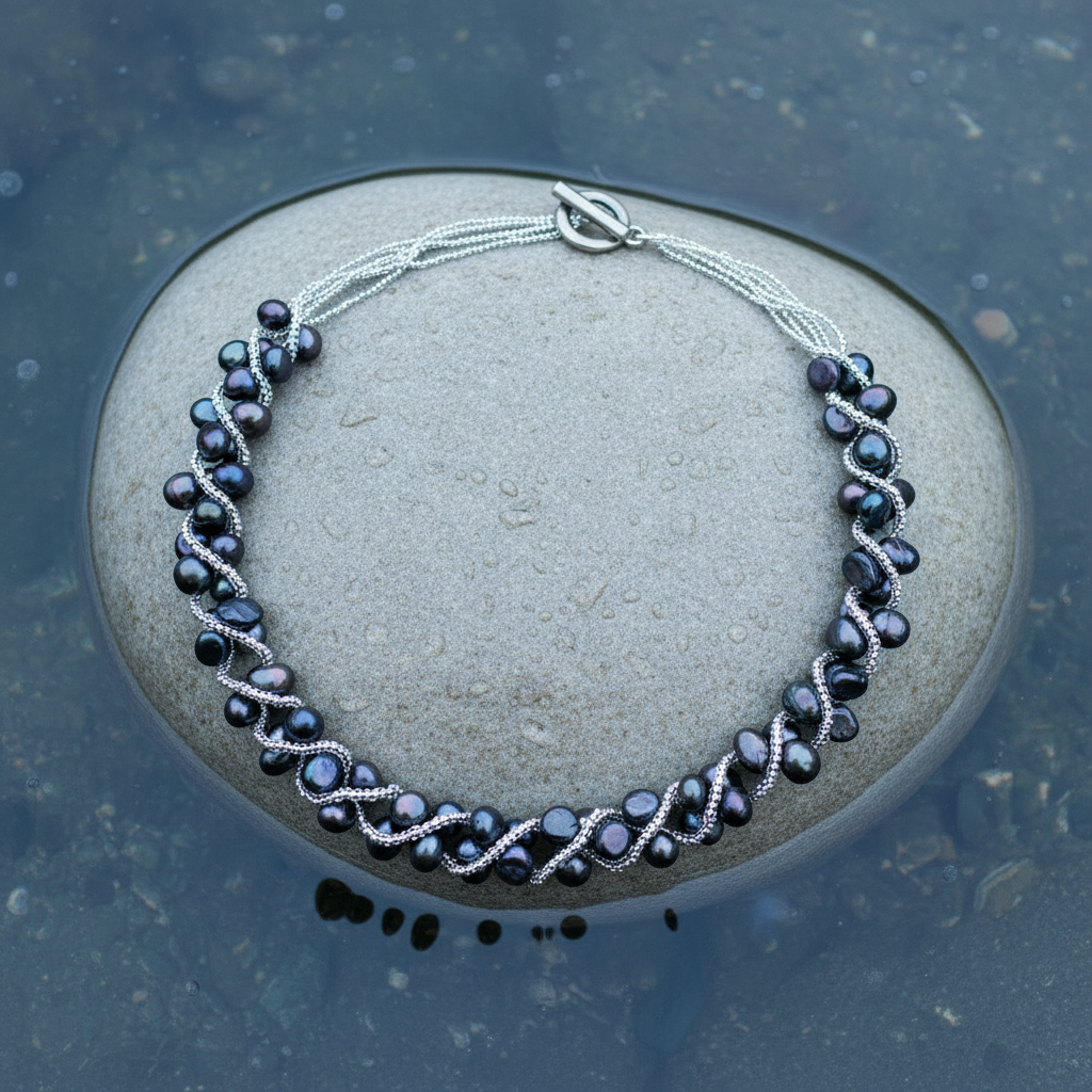 Zoetwater parelketting met blauw zwarte parels liggend op steen in water | Veronica