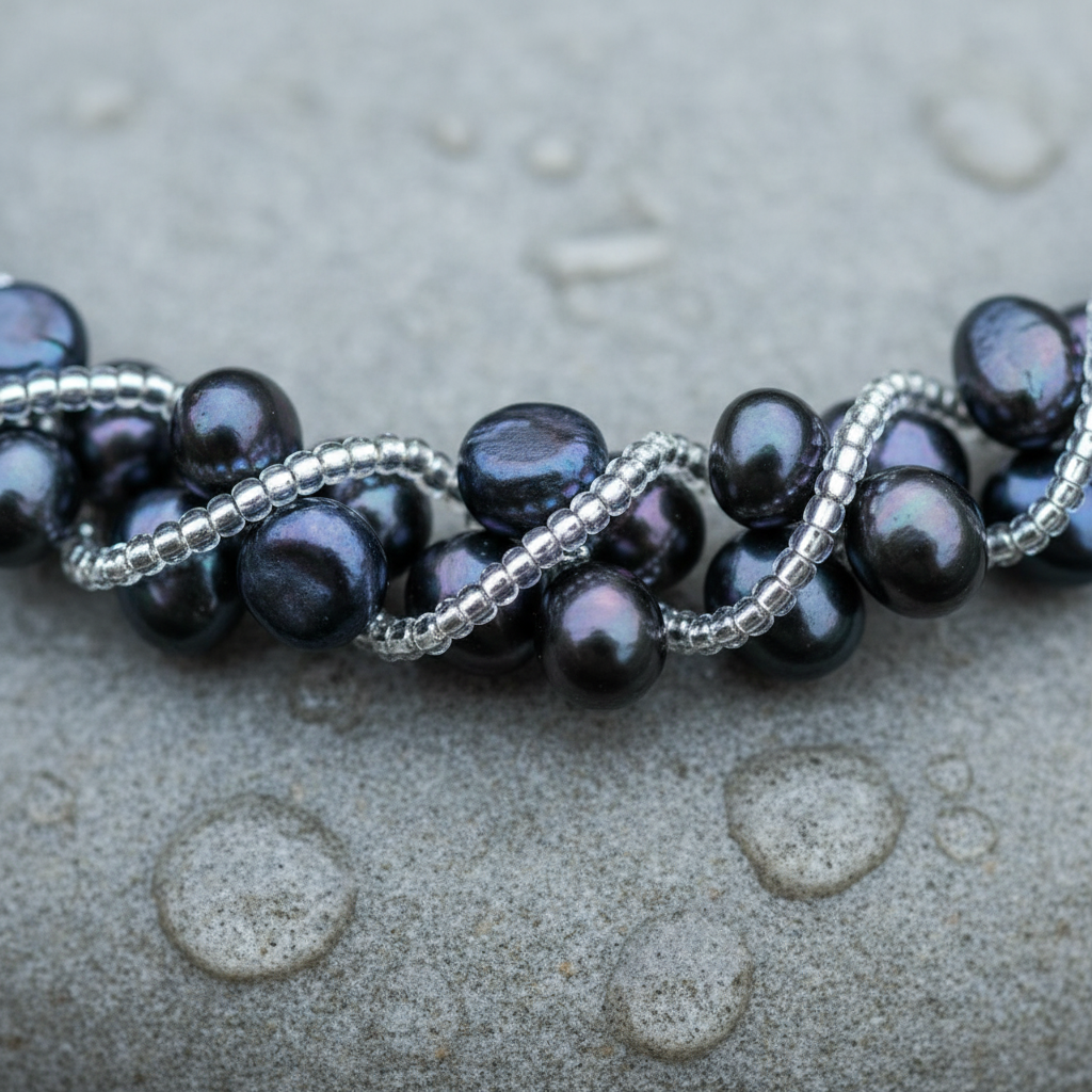 Zoetwater parelketting met blauw zwarte parels iggend op steen in water close up | Veronica