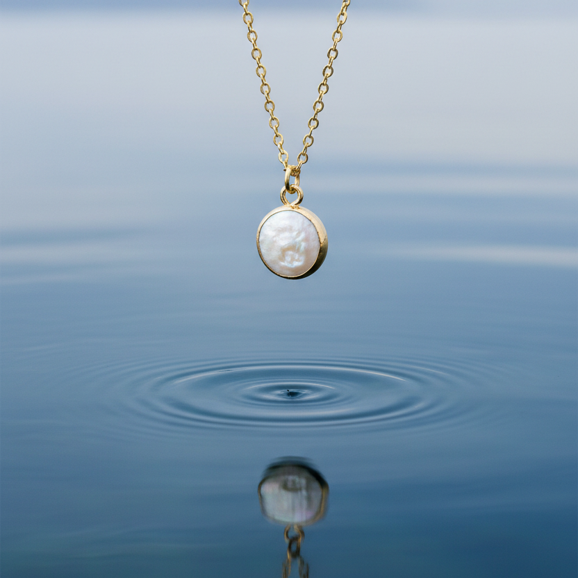 Detail van witte zoetwater parelketting met hanger hangend boven blauw water | White Coin Pearl Gold Small