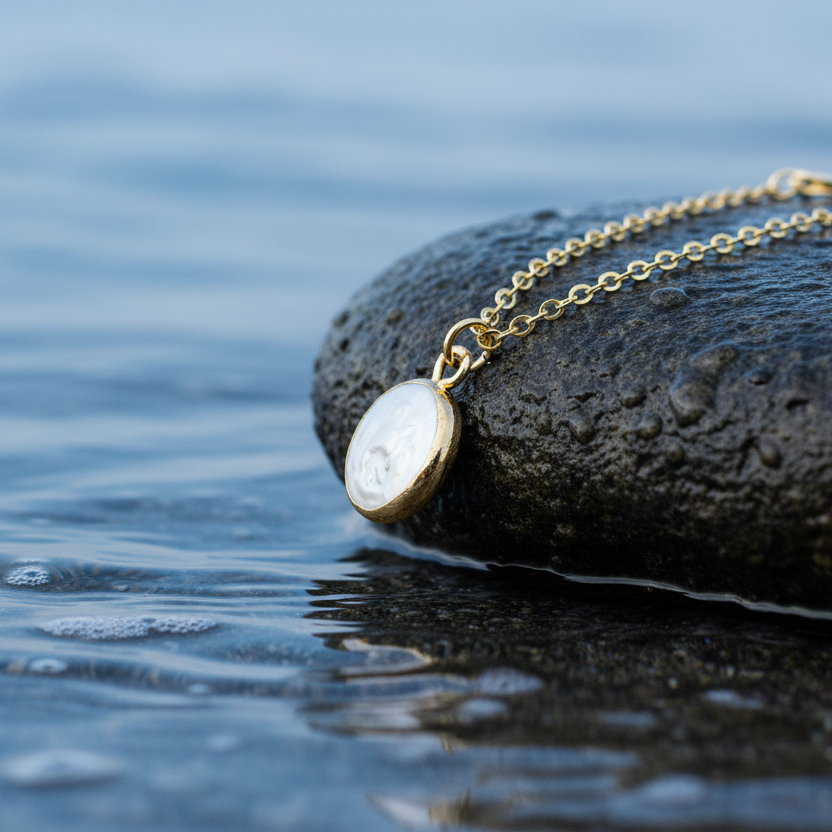 Detail van witte zoetwater parelketting met hanger liggend op steen in water | White Coin Pearl Gold Small