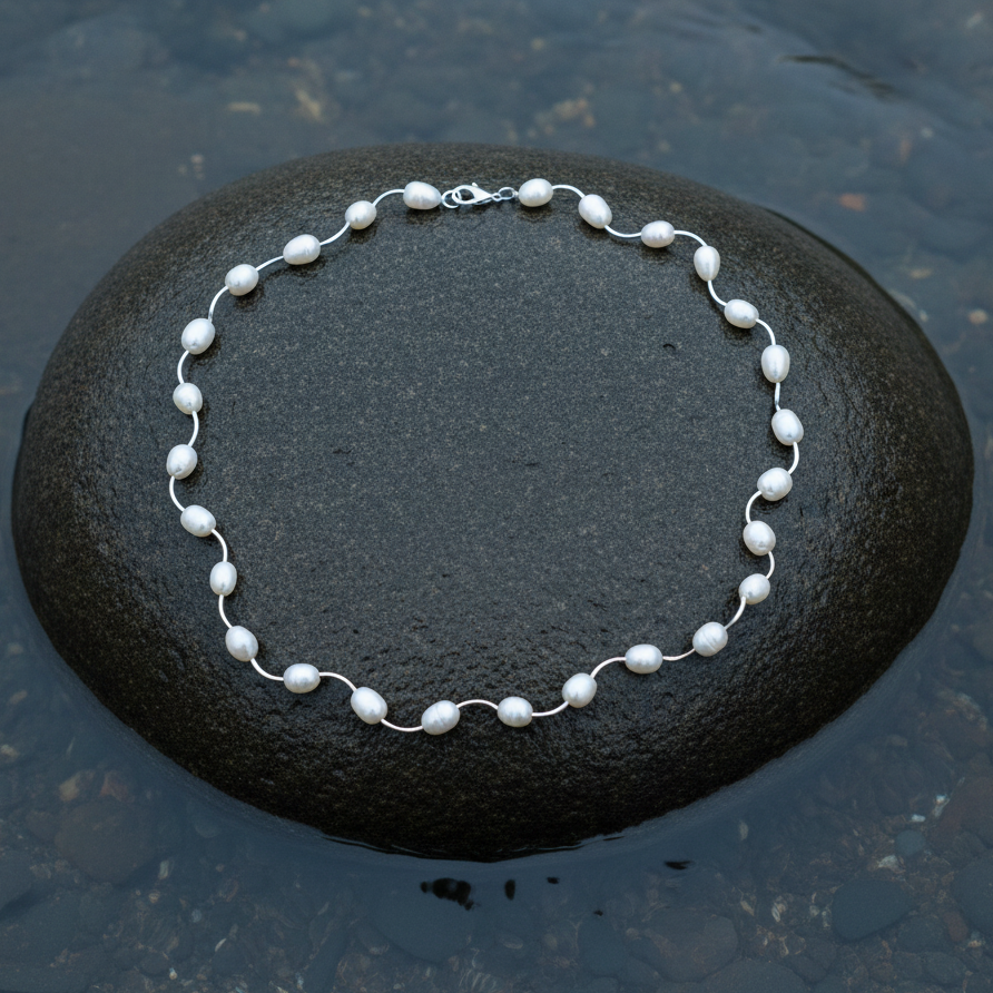 Witte parelketting Wiande liggend op steen in water
