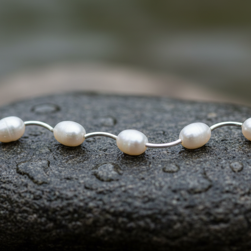 Witte parelketting Wiande liggend op steen in water close up