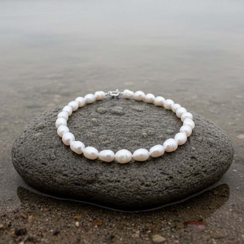 Handgeknoopte witte zoetwater parelketting liggend op natte steen | Wola Two