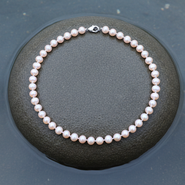 Handgeknoopte zoetwater parelketting met zalm kleurige parels en sterling zilver (925) liggend op steen in water | Zalina