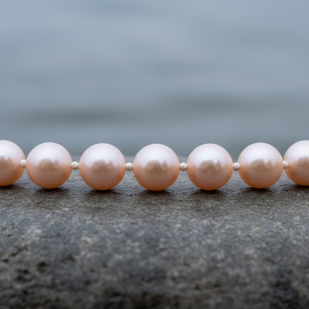 Handgeknoopte zoetwater parelketting met zalm kleurige parels en sterling zilver (925) liggend op steen close up | Zalina