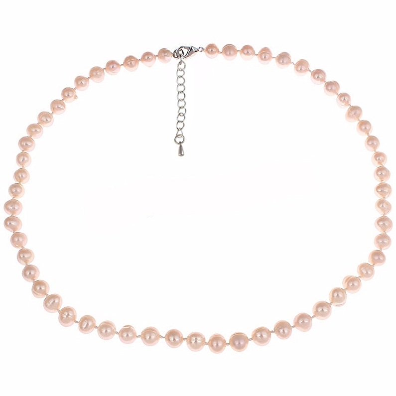 Handgeknoopte zoetwater parelketting met zalm kleurige parels en sterling zilver (925) met verlengketting | Zalina