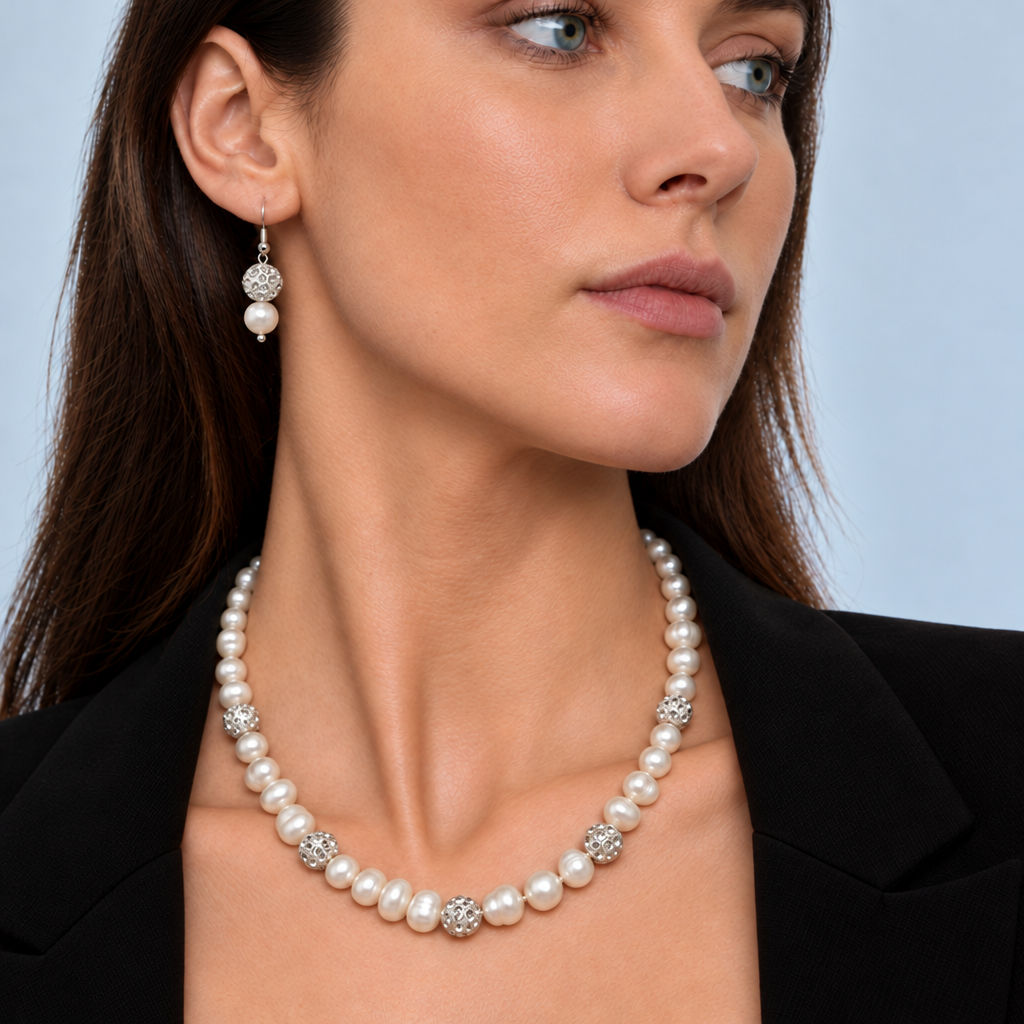 Zoetwater parelketting en parel oorbellen met witte parels, stras steentjes en sterling zilver (925) met verlengketting op model met colbert | Maxima