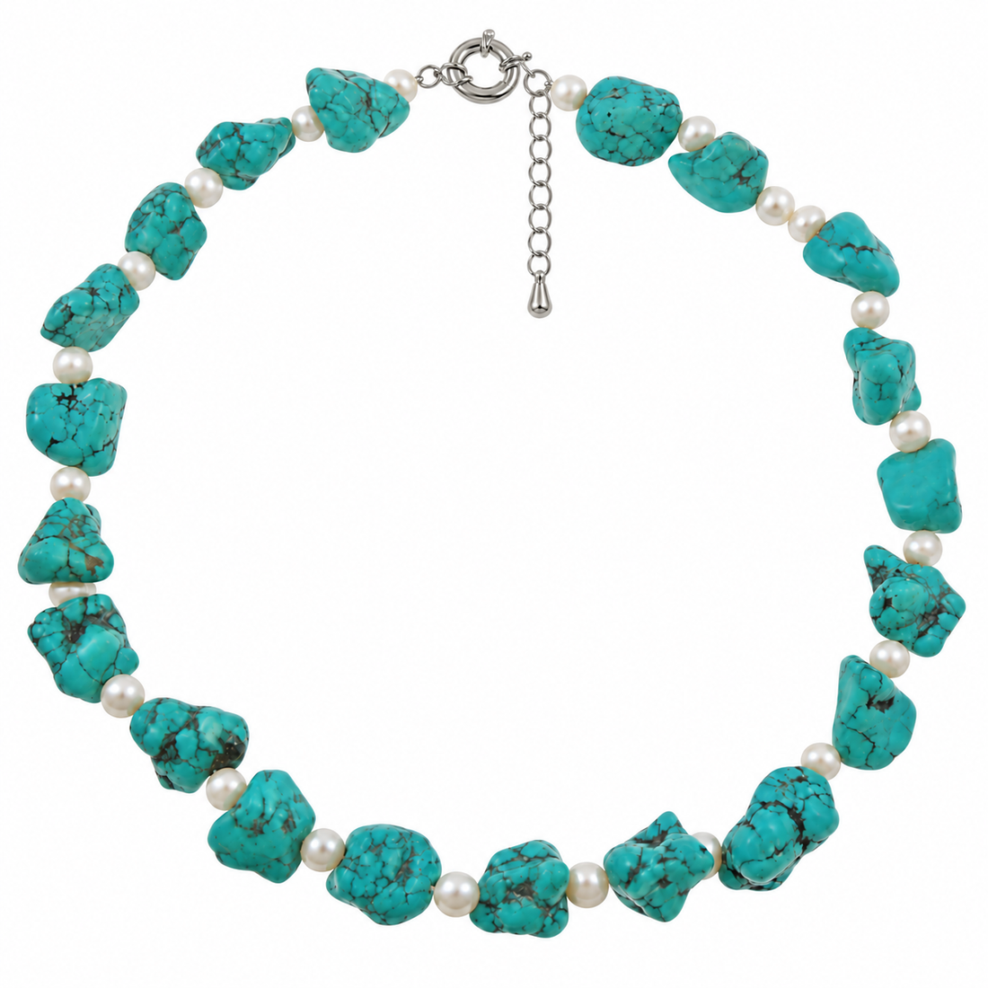 Zoetwater parelketting met witte parels en blauwe edelsteen turkoois met verlengketting | Dominique