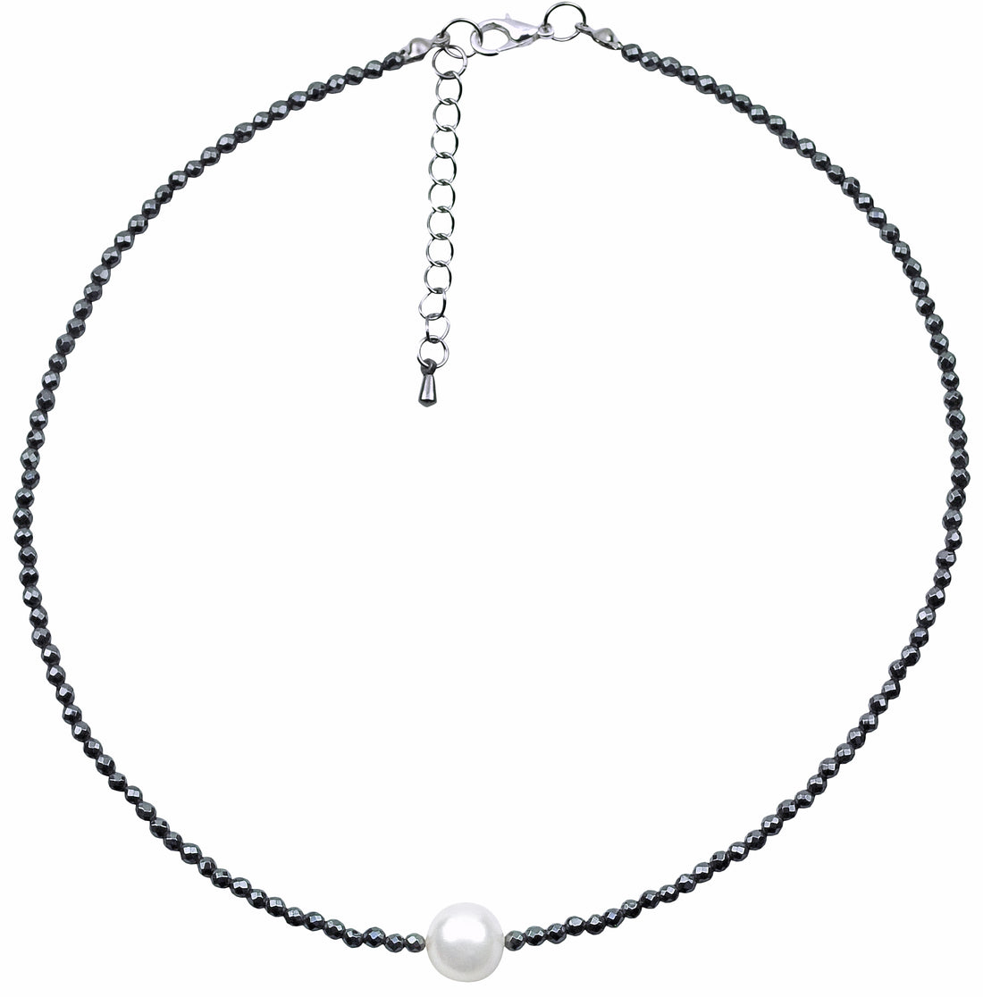 Zoetwater parelketting met witte parel, zwarte edelsteen hematiet en sterling zilver (925) | Hematite Pearl W