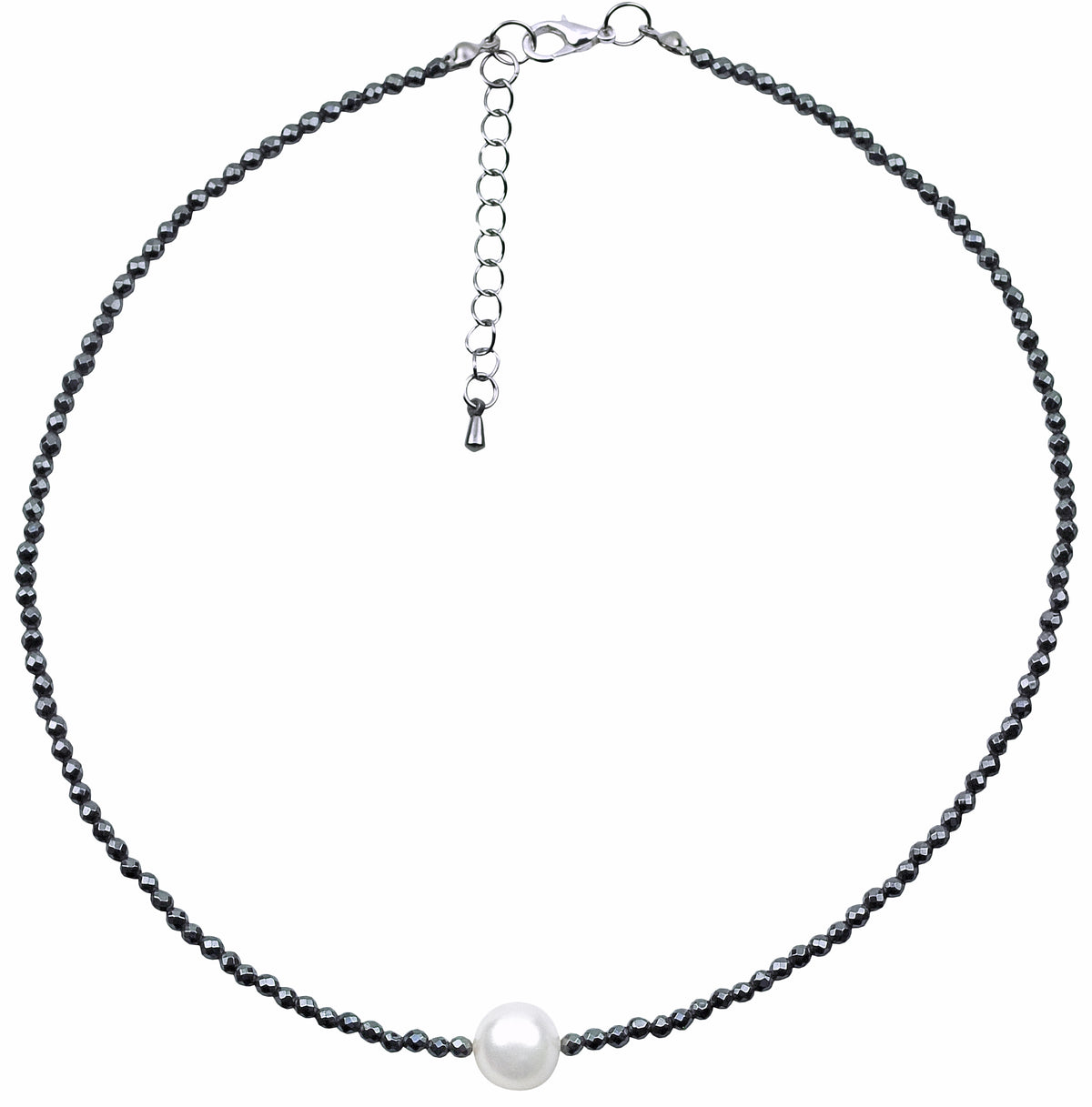 Zoetwater parelketting met witte parel, zwarte edelsteen hematiet en sterling zilver (925) | Hematite Pearl W