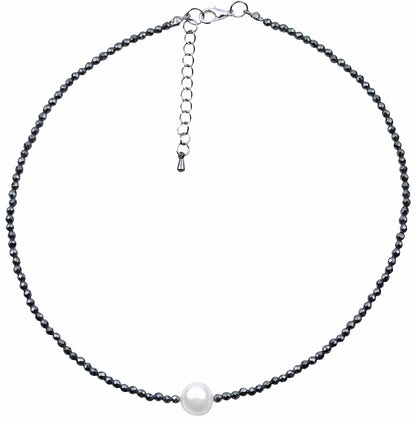 Zoetwater parelketting met witte parel, zwarte edelsteen hematiet en sterling zilver (925) | Hematite Pearl W