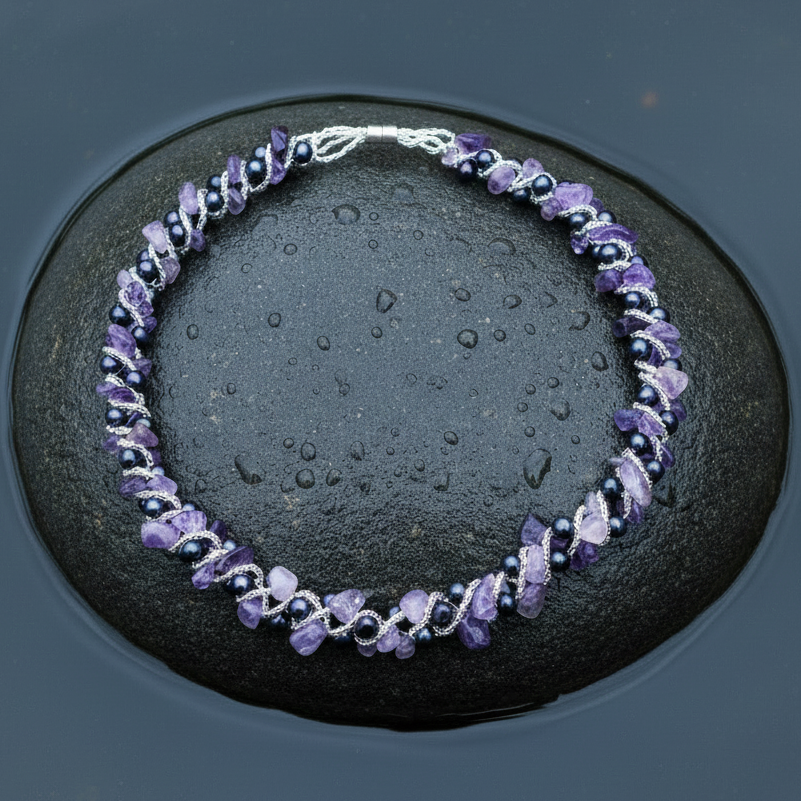 Zoetwater parelketting met donker blauwe parels, amethist en magneetslotje liggend op steen in water | Pearl Amethyst