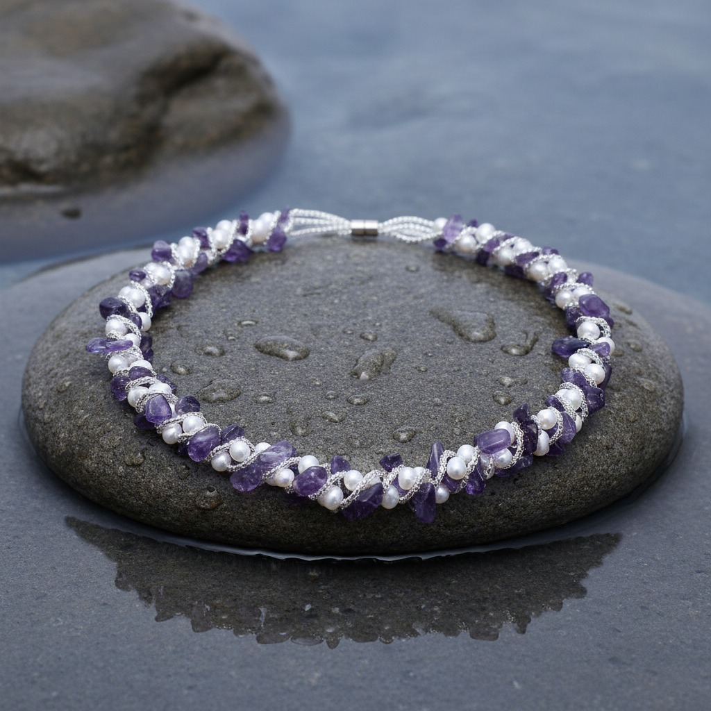 Zoetwater parelketting met witte parels, paarse edelsteen amethist en magneetslotje liggend op steen | Pearl White Amethyst