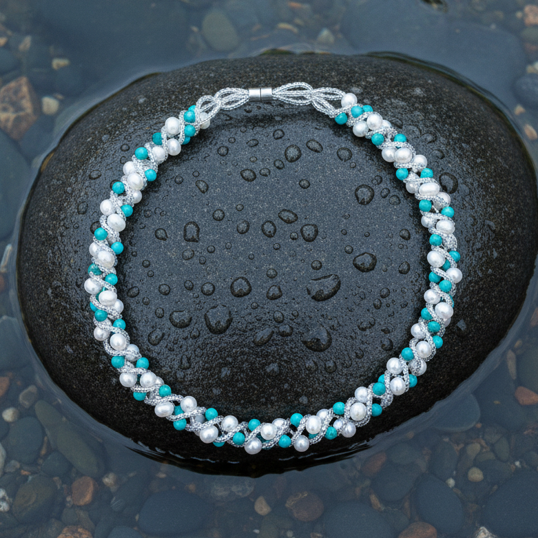 Witte zoetwater parelketting met turkoois en magneetslot liggend op steen in water | Tonica