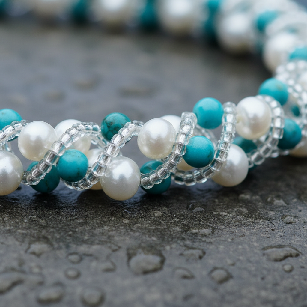 Witte zoetwater parelketting met turkoois en magneetslot liggend op steen in water close up | Tonica