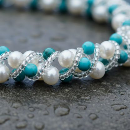 Witte zoetwater parelketting met turkoois en magneetslot liggend op steen in water close up | Tonica