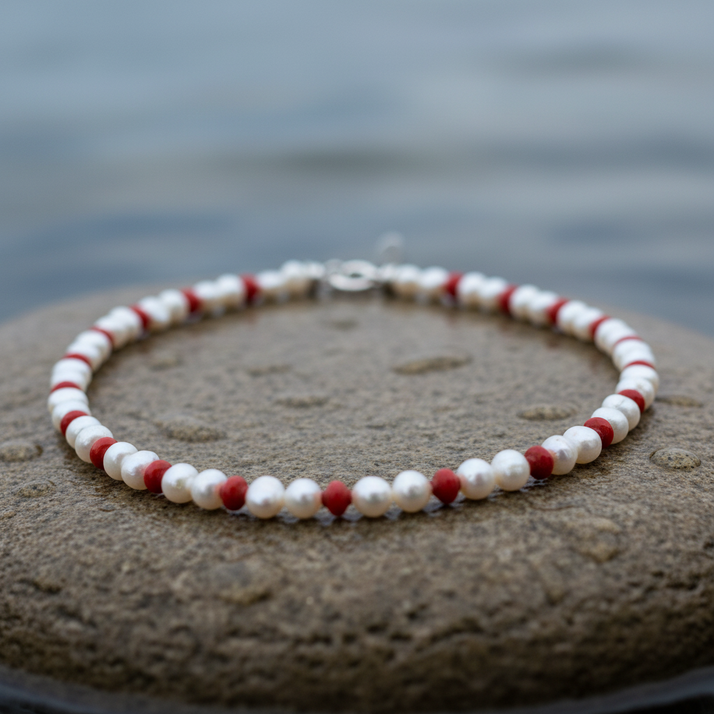 Zoetwater parelketting met witte parels en rood koraal liggend op steen close up | Coral Lantem