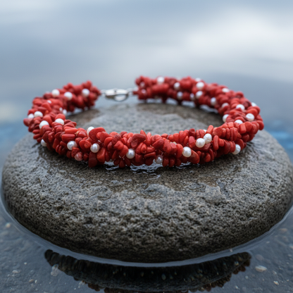 Zoetwater parelketting met witte parels en rood koraal in 5 rijen liggend op steen close up | Pearl Coral