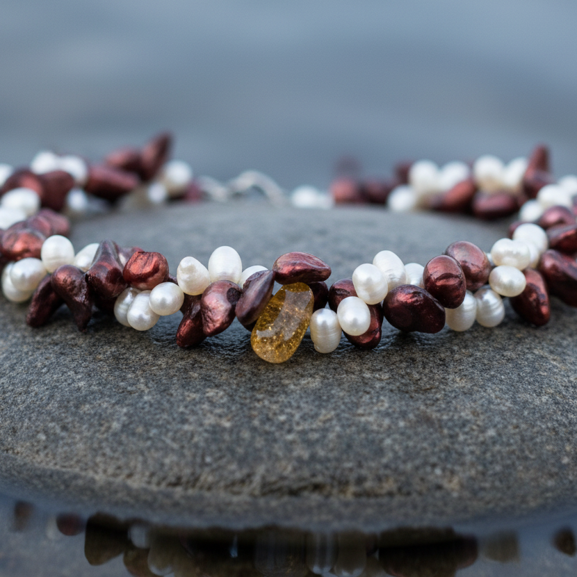 Zoetwater parelketting met witte en rood bruine parels en glaskristallen in 2 rijen liggend op steen close up | Monique