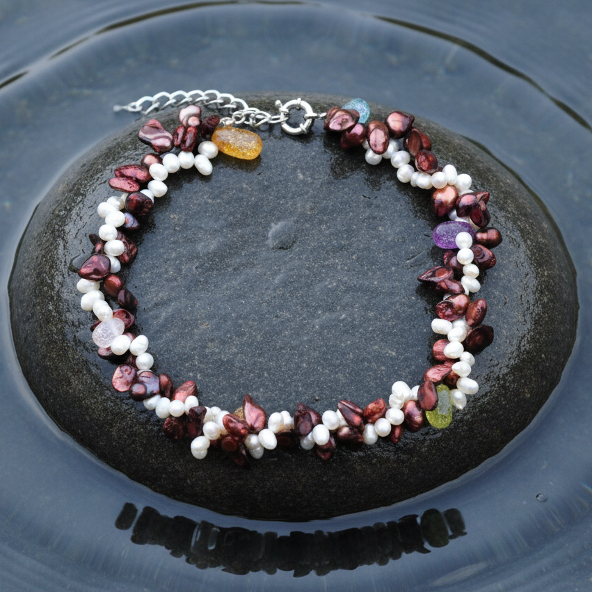 Zoetwater parelketting met witte en rood bruine parels en glaskristallen in 2 rijen liggend op steen in water | Monique