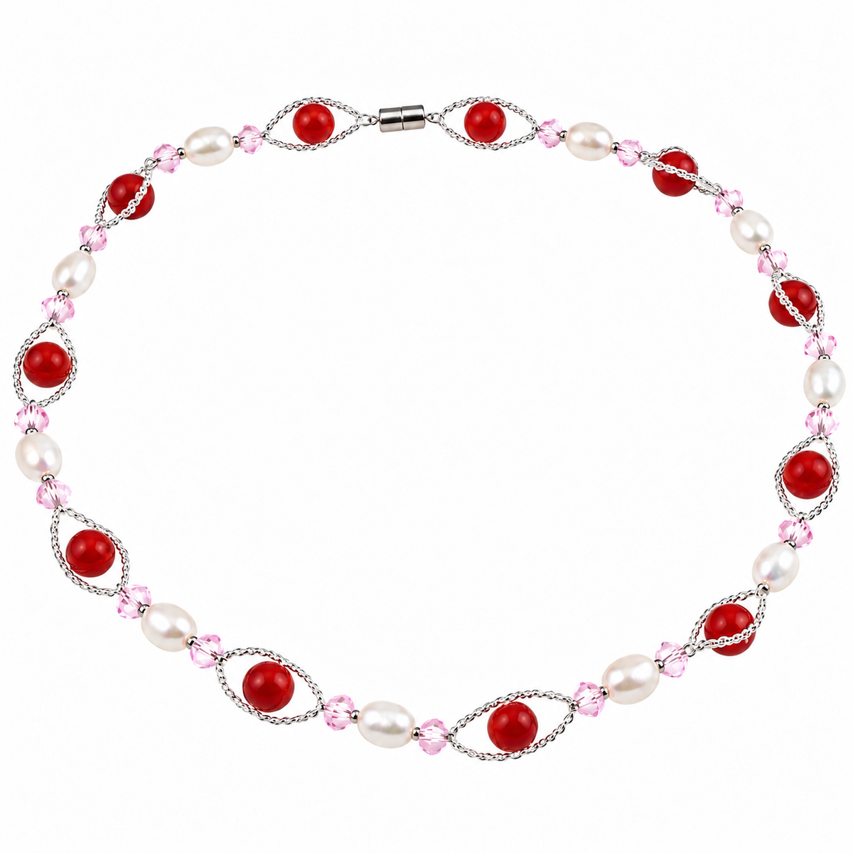 Zoetwater parelketting met witte parels, roze glas kristallen, rode glas kralen  en magneetslotje | Recio
