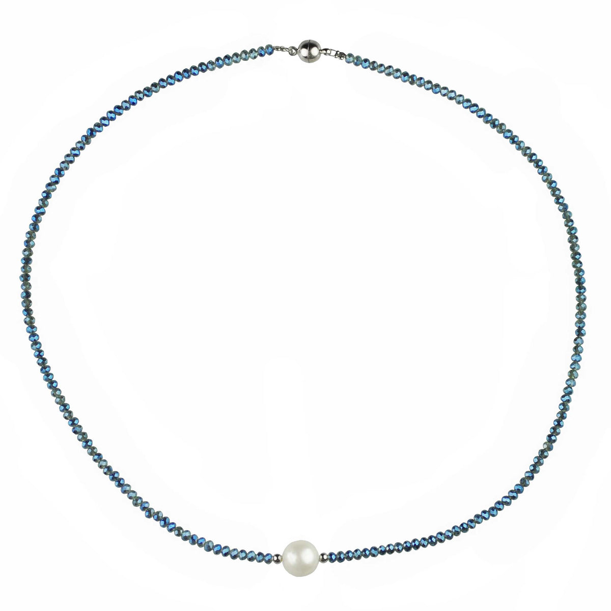 Zoetwaterparel ketting met witte parel, blauwe glas kristallen en magneetslot | Celeste